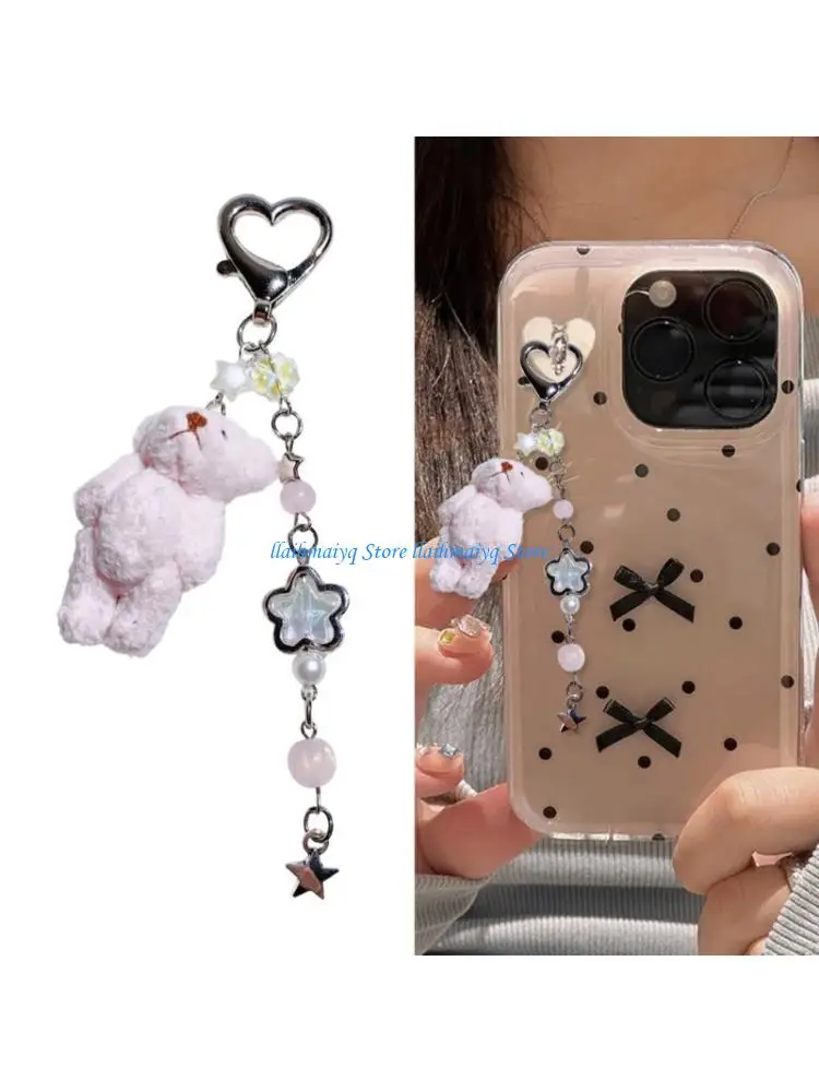 573B Stylish Plush Bear Keyring with Bead Chain Soft Crafted Pendant for Bags and Phones Animal Charm Keychain Accessory