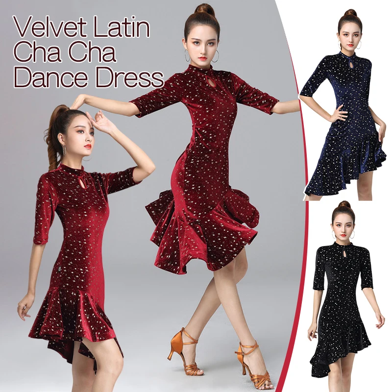 

New Woman Fashion Velvet Latin Dance Dress Lady Star Autumn Winter Half Sleeve Mermaid Dance Dress Performance Dance Costume