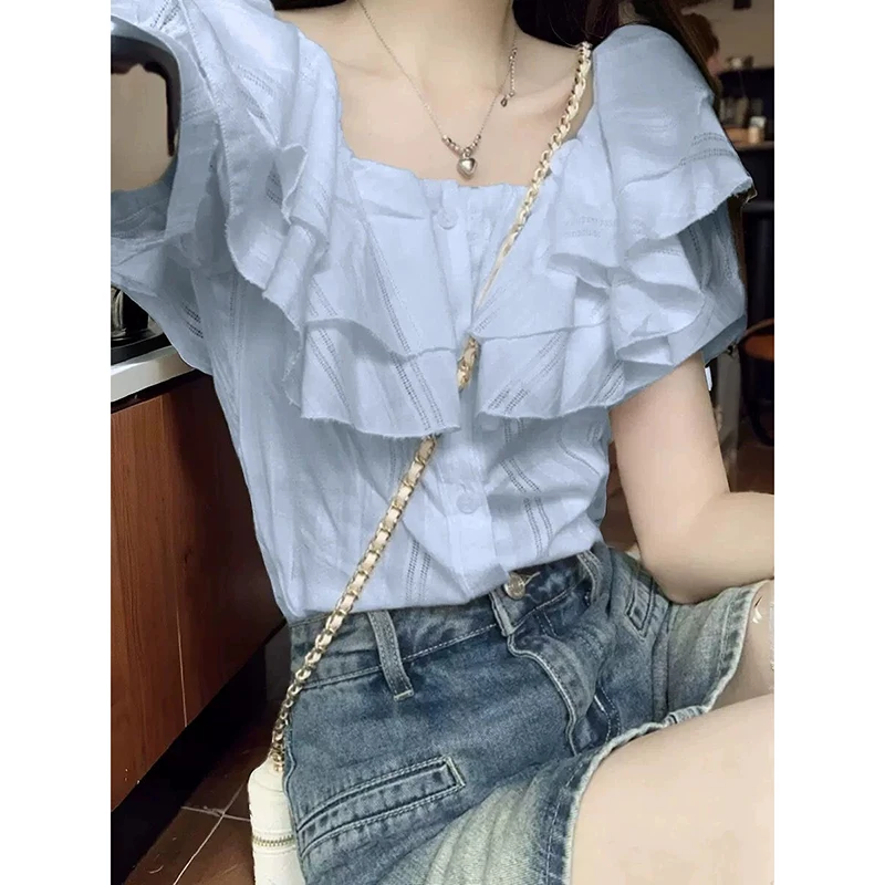 Stunning One-oulder Ruffle Sve irt Women's Slim Fit Sweet Sli Summer Top Korean Sle Commute Faion Pure Color