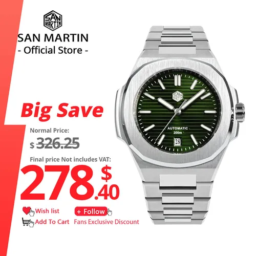 Imagen 1 del producto San Martin-Reloj de acero inoxidable 316L para hombre, accesorio masculino de pulsera de cuarzo resistente al agua con mecanismo automático de zafiro, movimiento clásico PT5000, BGW-9 de 20 ATM, 43mm