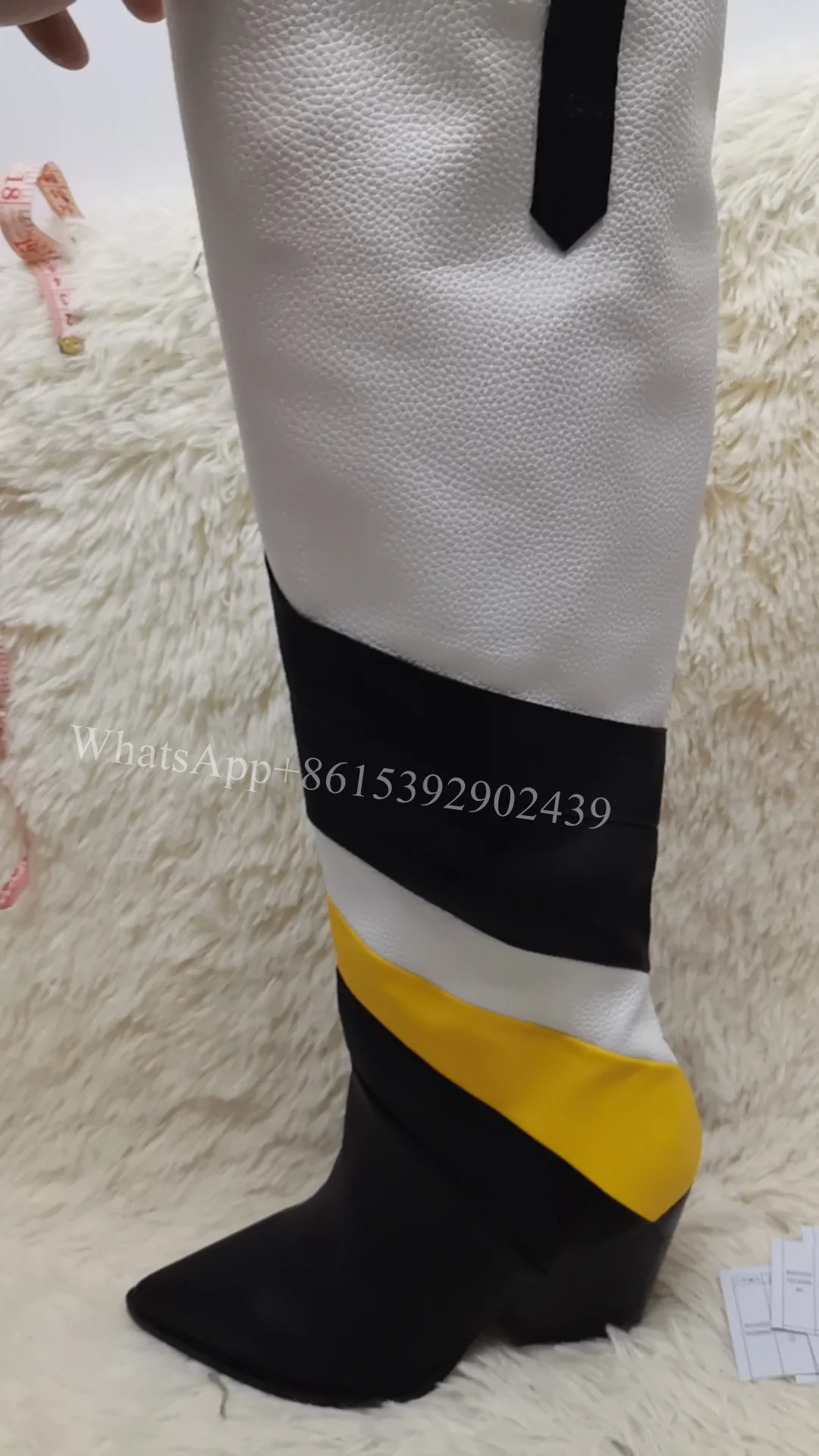 Graffiti Textured Leather Women Knee Boots White Yellow Black Color block Block Short Heel Pointed Zip Booties Brand Design Shoe