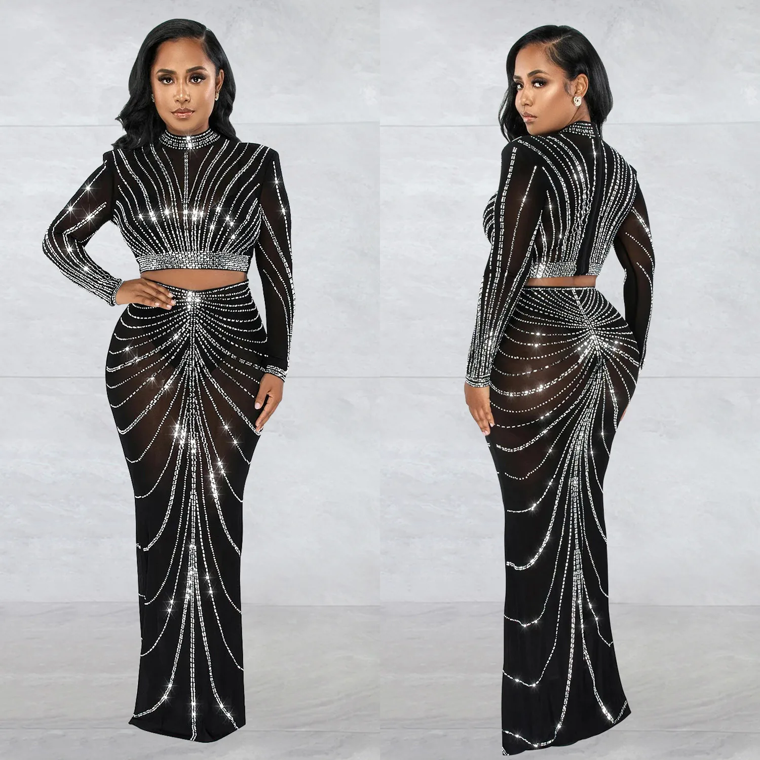 

Stylish Two Piece Outfit European American Fashion Women Mesh Rhinestone Sheer Long Sleeve Maxi Dress for Evening Party Wear