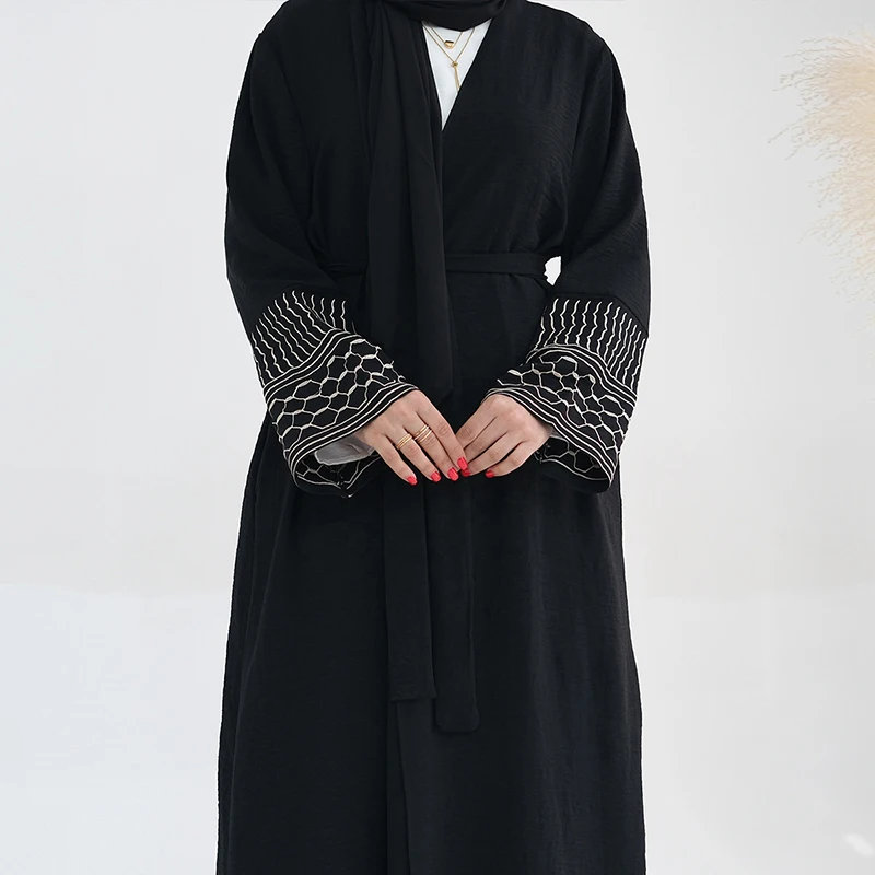 Women\'s Dresses Ramadan EID Modest Dubai Trend Open Abaya with Embroidery Sleeves Muslim Turkish Keffiyeh Abaya