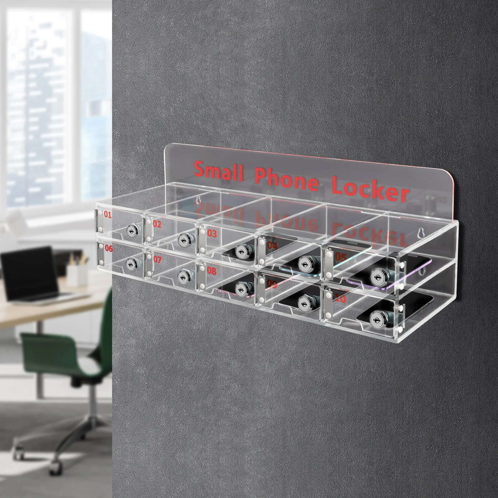 

Clear Acrylic Phone Storage Cabinet with Lock & Key, Wall-Mounted or Freestanding Organizer for Office, School, and Home Use