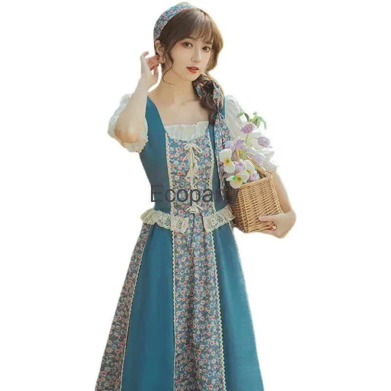 

2pcs Vintage Pastoral Style Dress Spring Summer Blue Romantic Sweet Bandage Top With Lace Floral Skirt Set Female Elegant ZKs;2,