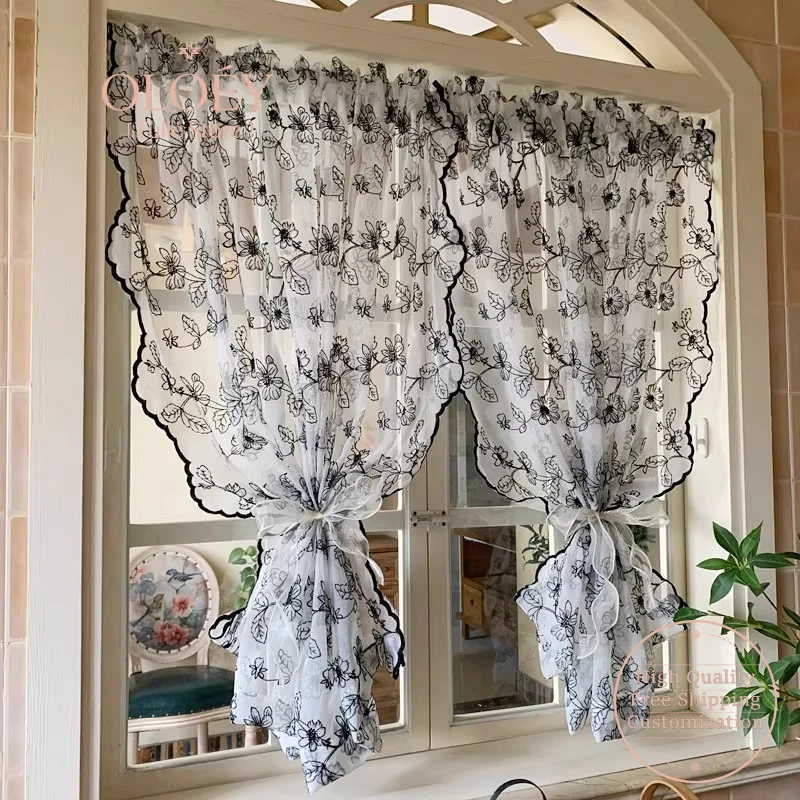 

French Vintage Embroidered Lace Sheer Curtains for Balcony Floor Window Door American Style No Drill Light Filtering Gauze Drape
