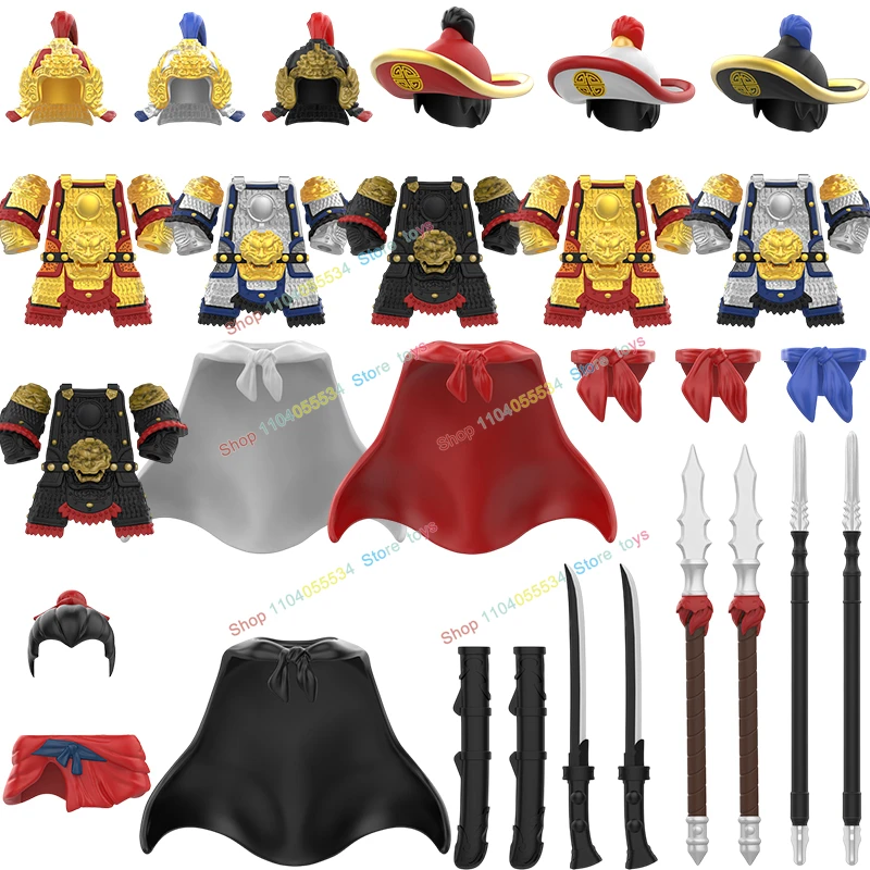 

Ancient times Chinese figures Yue Fei Heavily armed weapon Sword spear Building block helmet armour Puzzle MOC Accessories TOYS