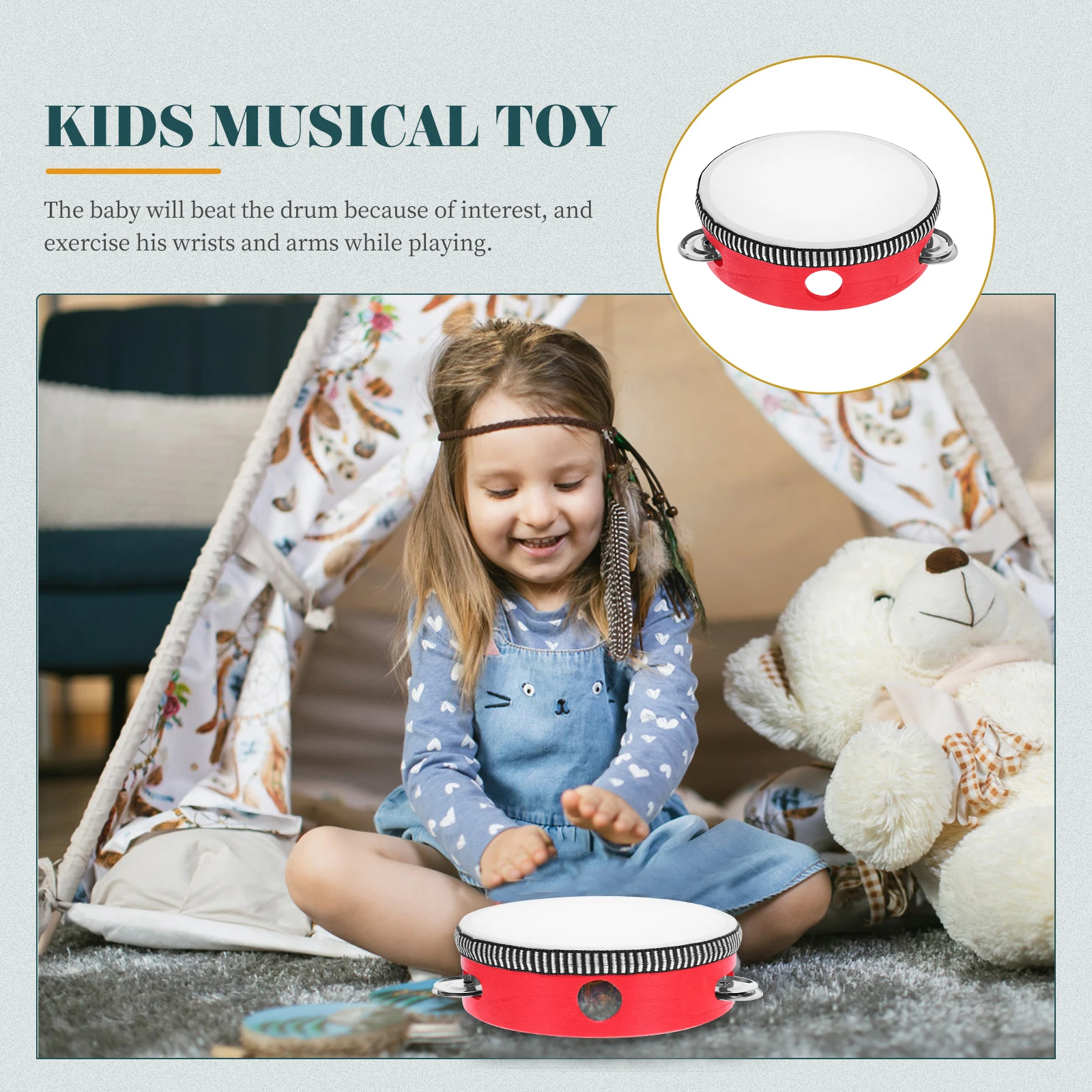 

Wooden Bell Drum Kids Musical Instruments Handheld Tambourine for Percussion Red Children