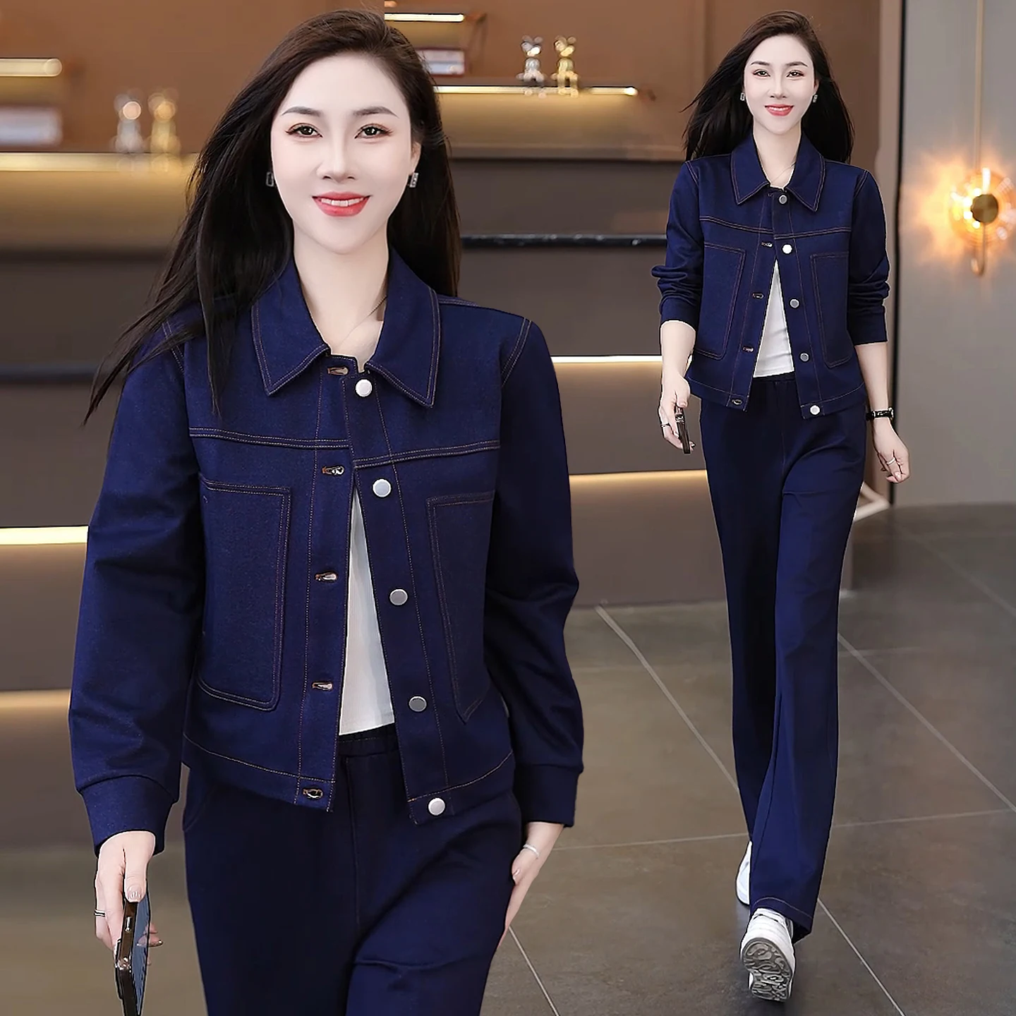 

Faionable Denim Set Women's ort Coat Wide Leg Pants Two-Piece Suit Slimming Sli Autumn Collection Chinese Brand