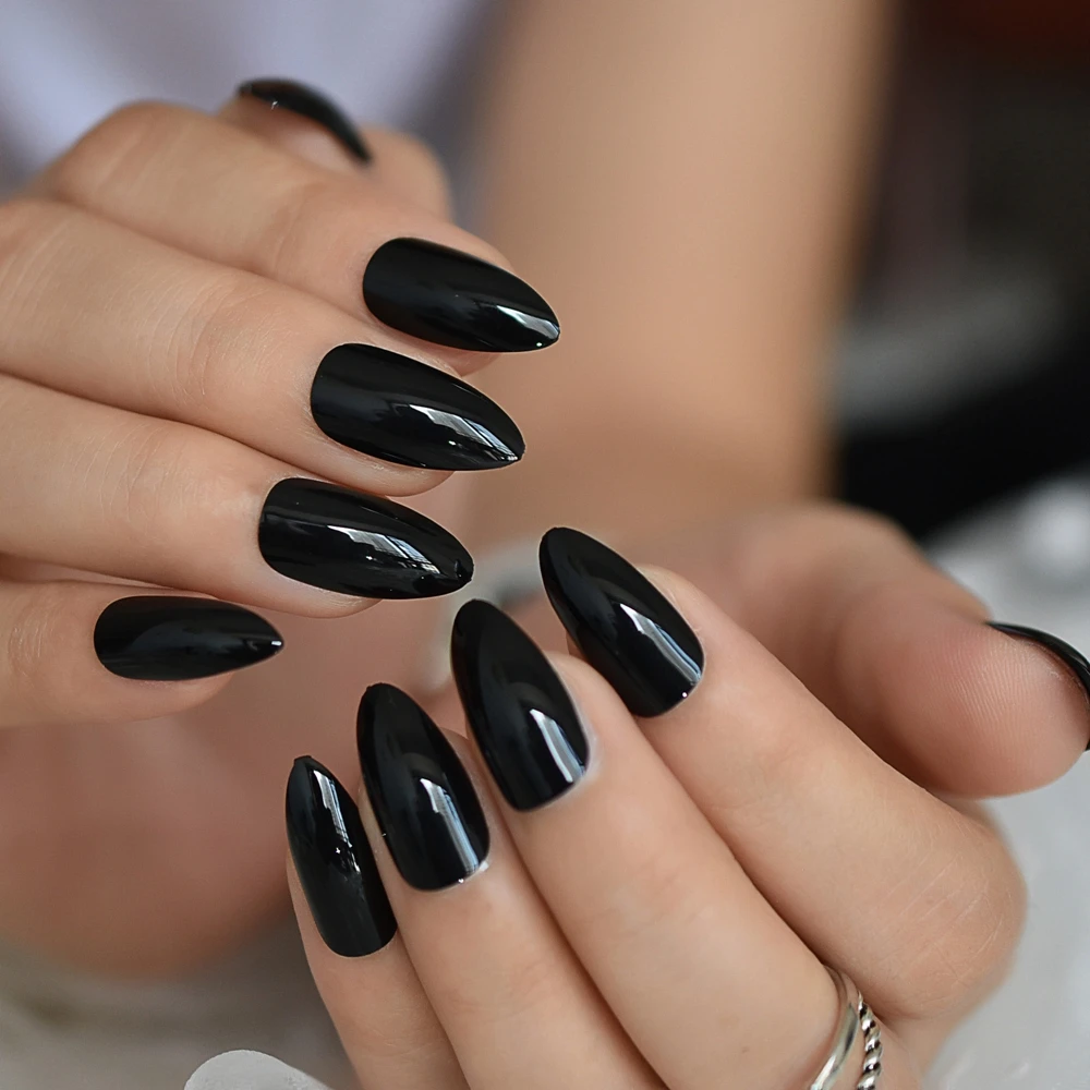 Black gel Nails Full Cover Glossy Stiletto Solid Color Full False Nail Wholesale Medium Press-on Finger Nails 24 Ct