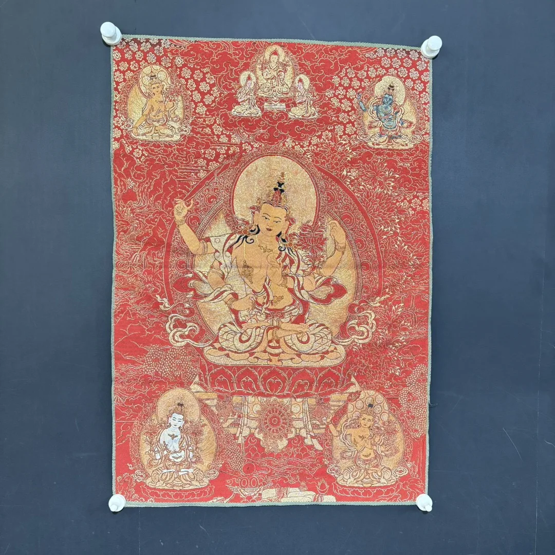 35' Thangka Embroidery Tibetan Buddhism Silk Brocade Manjusri Bodhisattva Sitting Buddha Thangka Hanging Screen Worship Hall