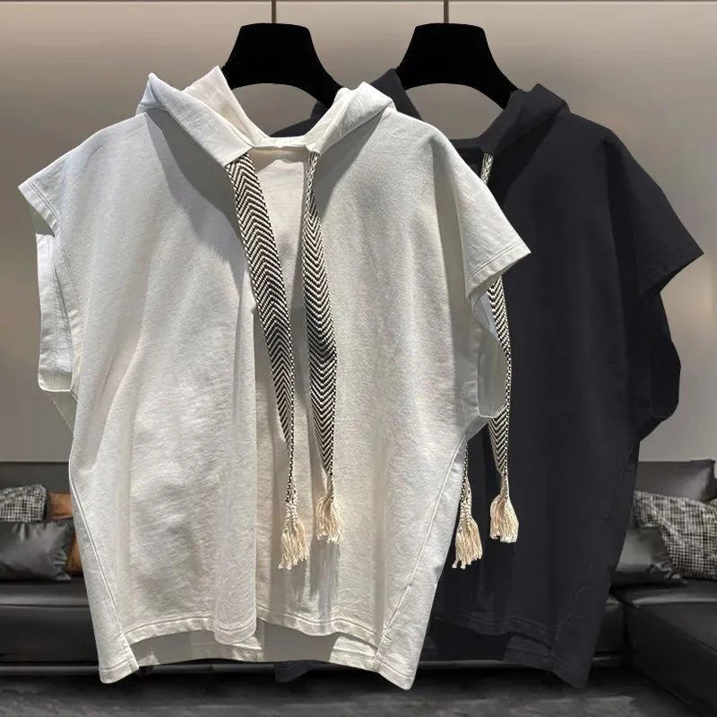 Summer Solid Men Drawstring Hooded Tank Top Fashion All-match Punk Casual 2xl Oversized Clothing Vest Tee Black White Street Gym