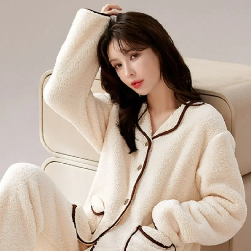2025 New Pajama Woman Winter Fleece Sleepwear Thickened Coral Fleece Loungewear Warm Plus Size Homewear Set Loose Nightwear