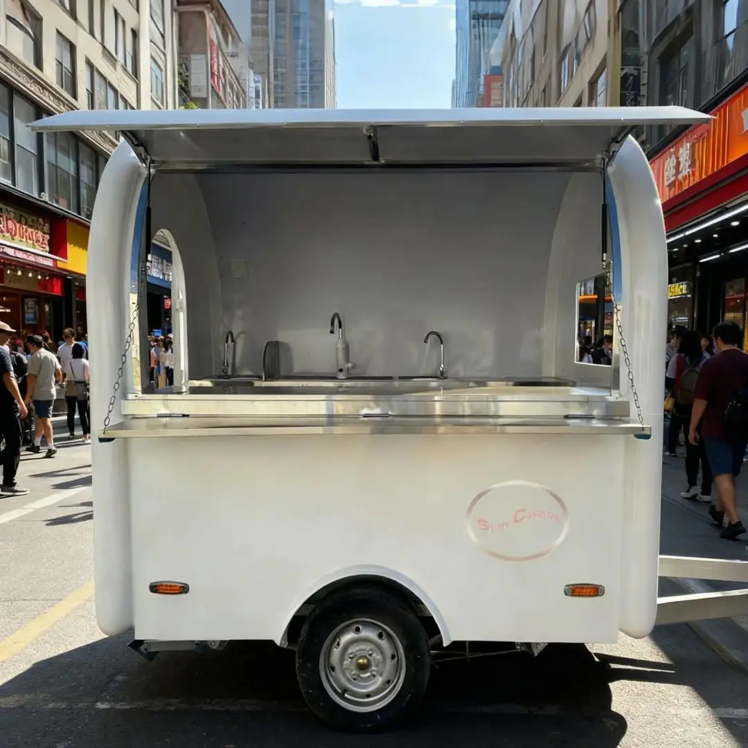 High-Aesthetic Cream-White Outdoor Food Trailer – An Interactive Food Cart with Arch-Shaped Door for Easy Access