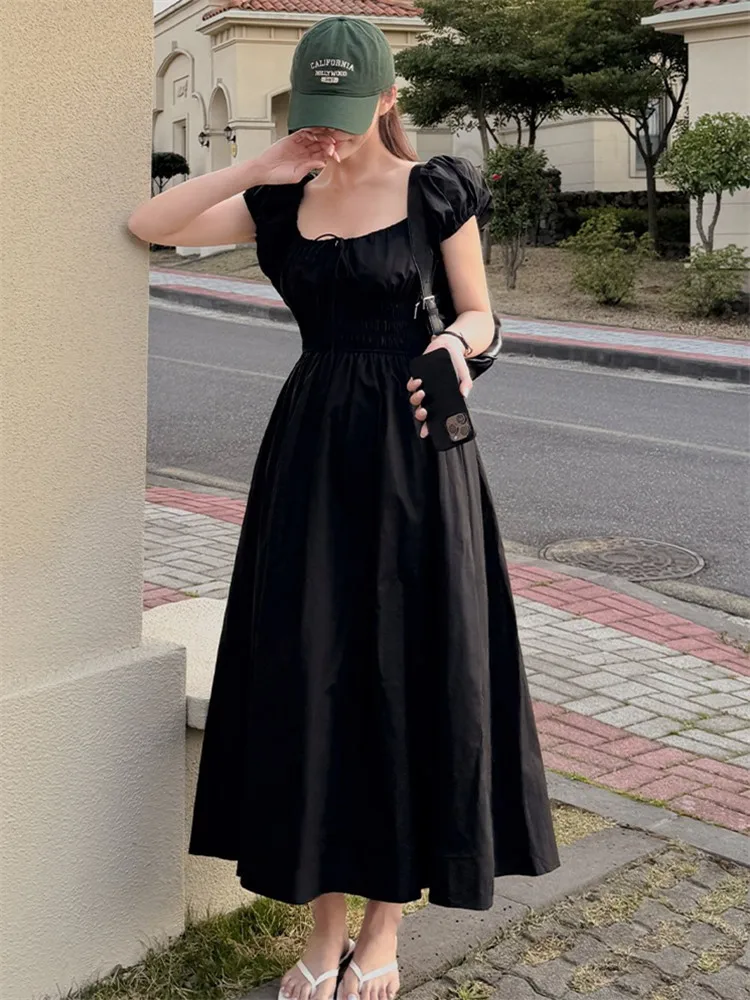 فستان صيفي على الطراز الكوري برقبة على شكل حرف U تنورة نسائية طويلة على شكل حرف a تنورة طويلة للتخسيس وأكمام فقاعية وخصر مربو...