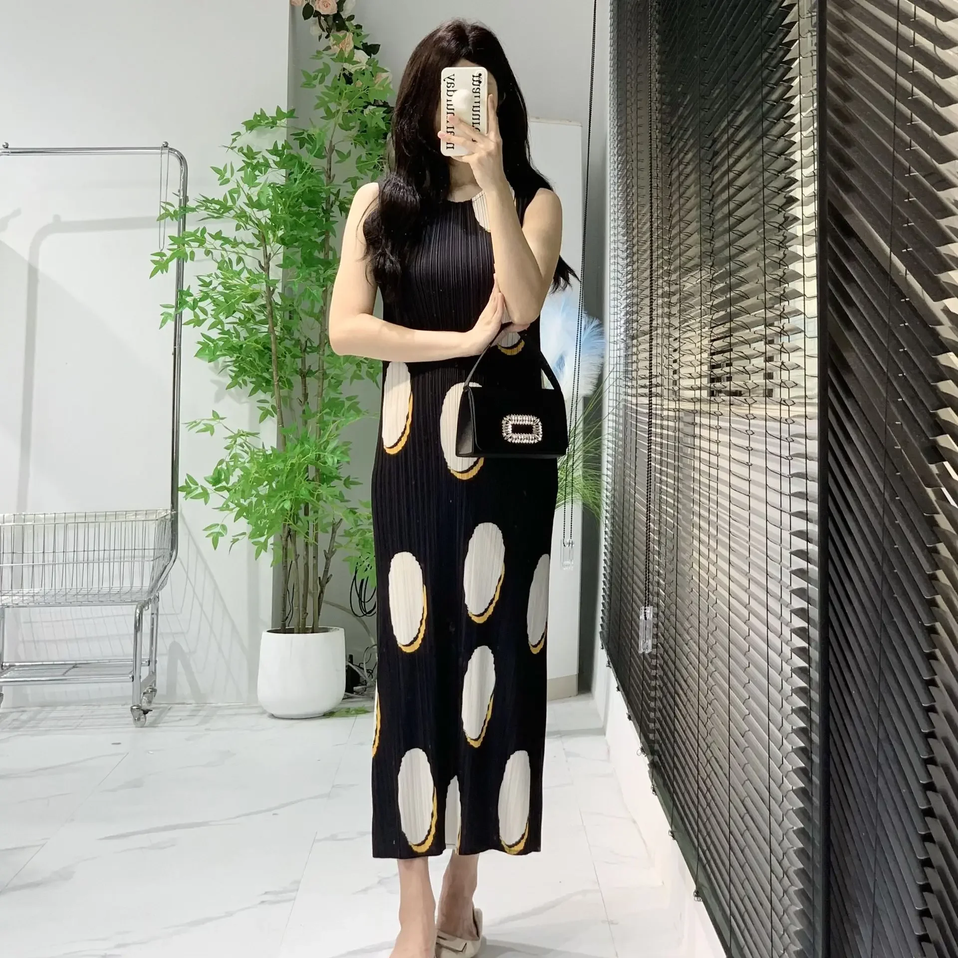 

Miyake Polka Dot Slim Vest Dress Women 2024 Summer New Fudou Series Pleated Art Playful Sleeveless Dress for Women