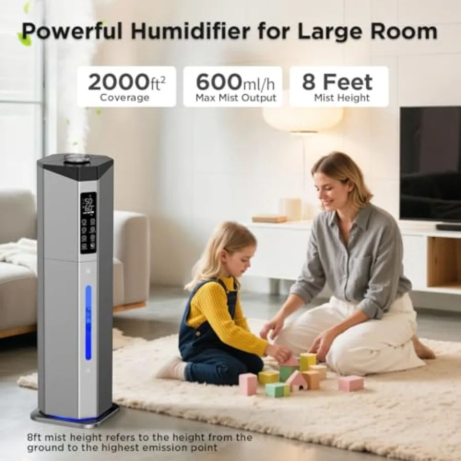 Humidifiers for Bedroom - 2.38Gal/9L Dual Atomizers Top Fill Humidifier for Large Room 2000ft with Auto Rotation 7-Color Light