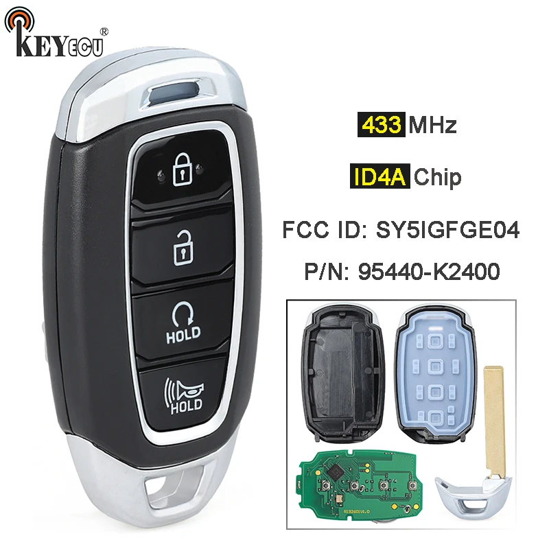 

KEYECU 433MHz ID4A Chip P/N: 95440-K2400 FCC ID: SY5IGFGE04 Keyless Smart Remote Key Fob for Hyundai Venue 2020 2021 2022