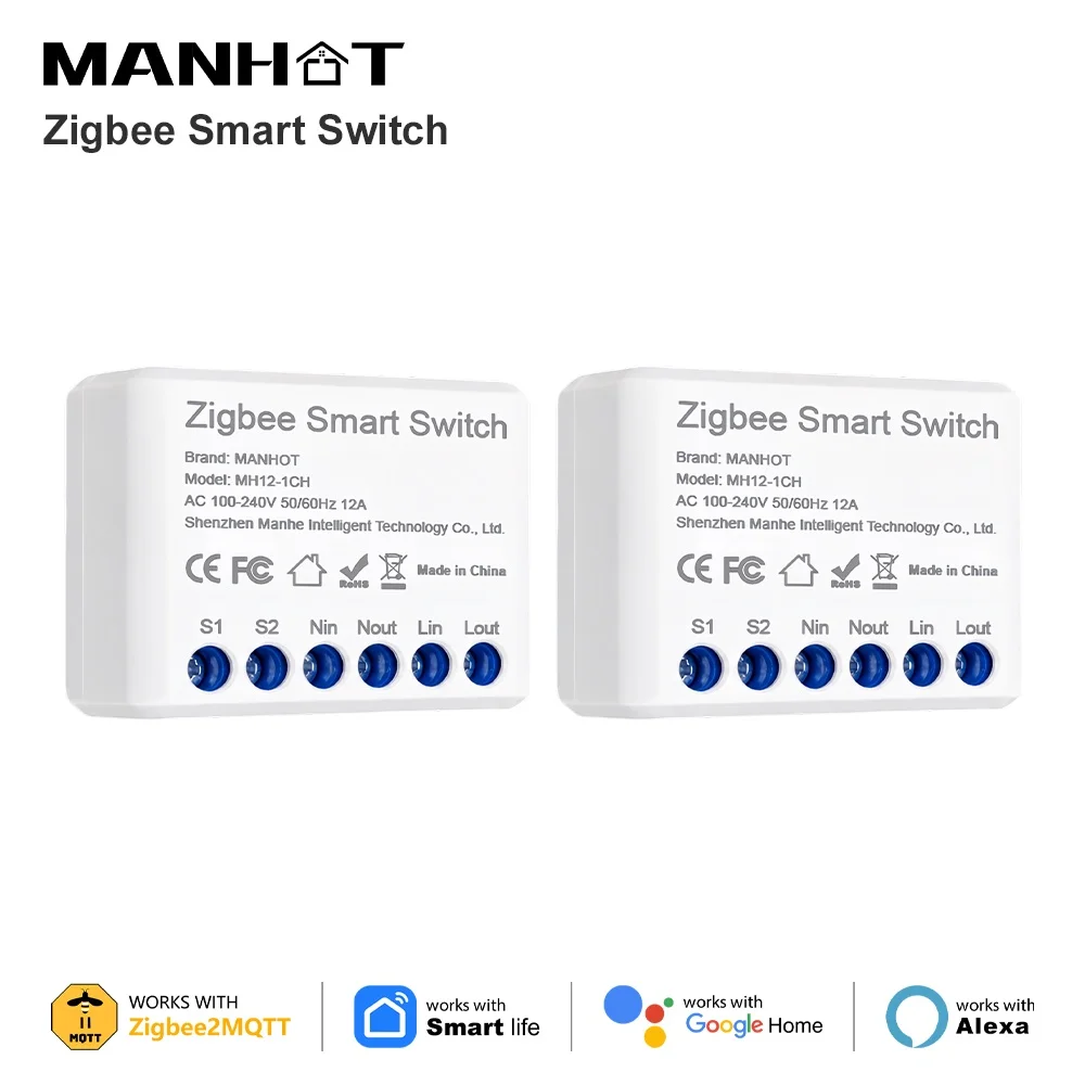 Manhot ZigBee 3.0 Switch Module 12A Smart Home DIY Light Switches Supports 2 Way Control Works with Tuya Alexa Google Home Voice