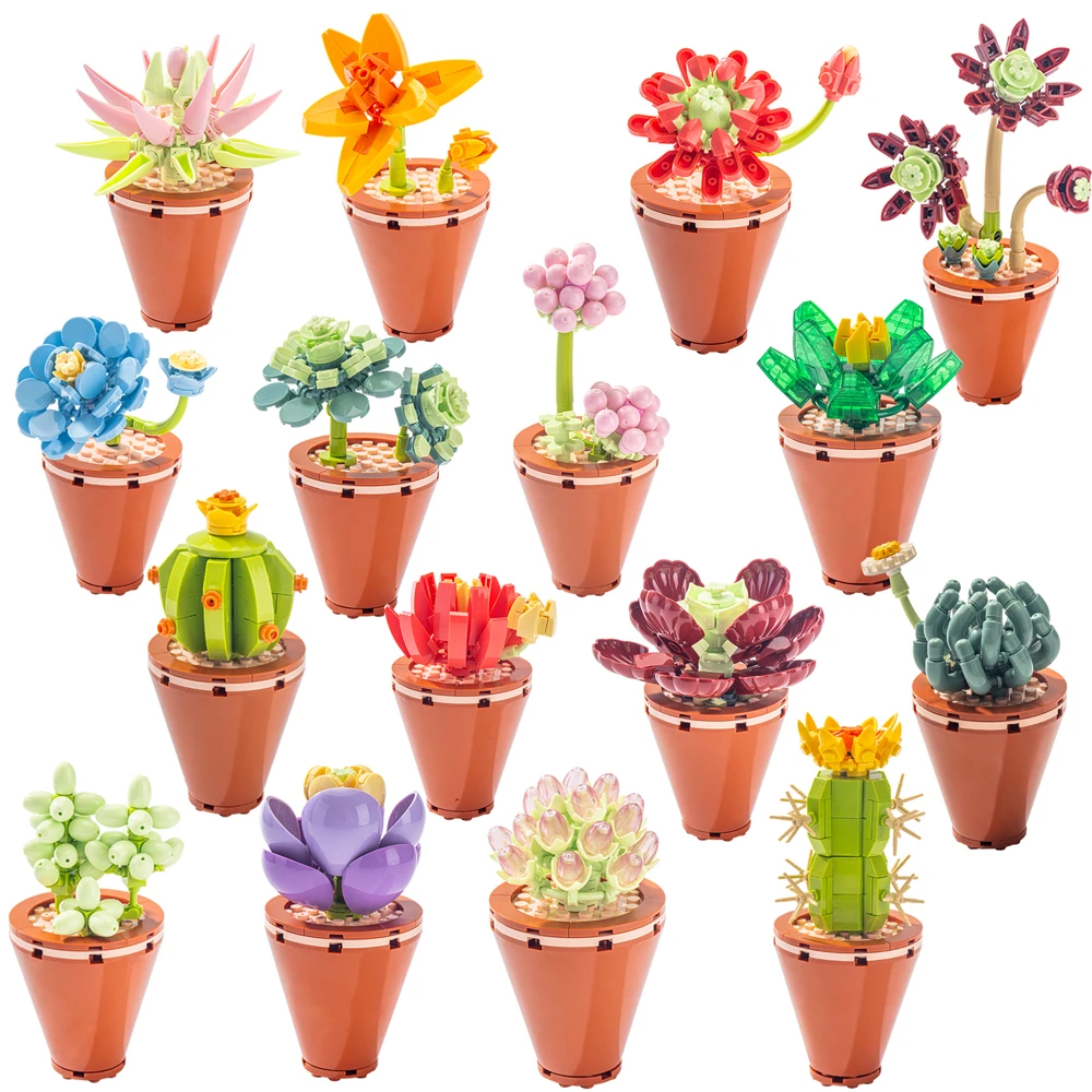 

City Creativity Flower Bouquet Building Blocks Bricks Bonsai Garden Romantic Office Decoration Potted Plant Model Children'S Toy