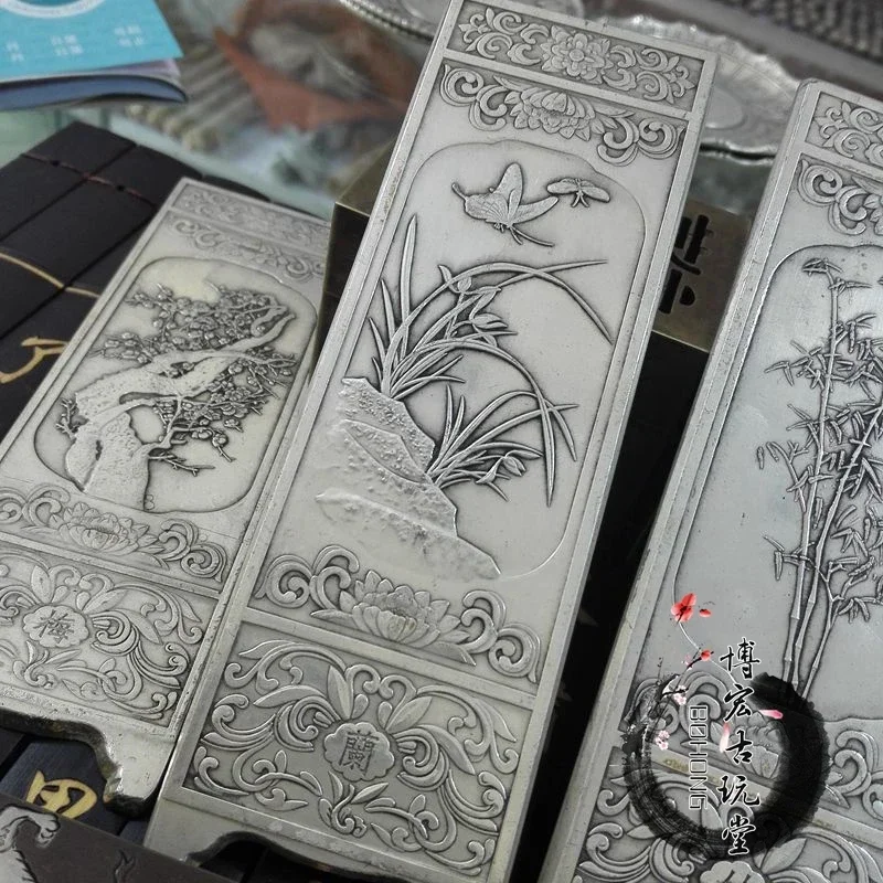 Chinese Collection Tibetan Silver Carving Antique Folding Screen Plum Orchid Bamboo and Chrysanthemum Copper