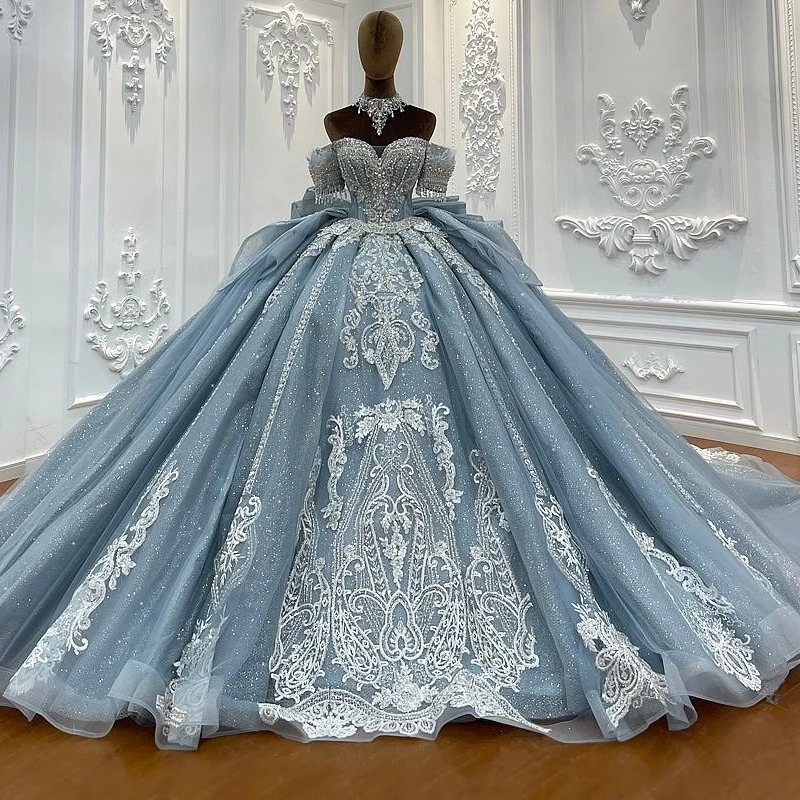Sea Blue เงา Quinceanera Ball Gown ปิดไหล่เลื่อม Applique ลูกไม้ประดับด้วยลูกปัดคริสตัล Tull Corset หวาน 16