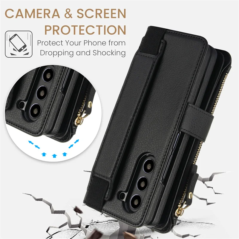 For Samsung Galaxy Z Fold 3 4 5 6 Leather Wristband Wallet Insert Case For Samsung Z Fold 6 5G Shock Resistant Protective Cover