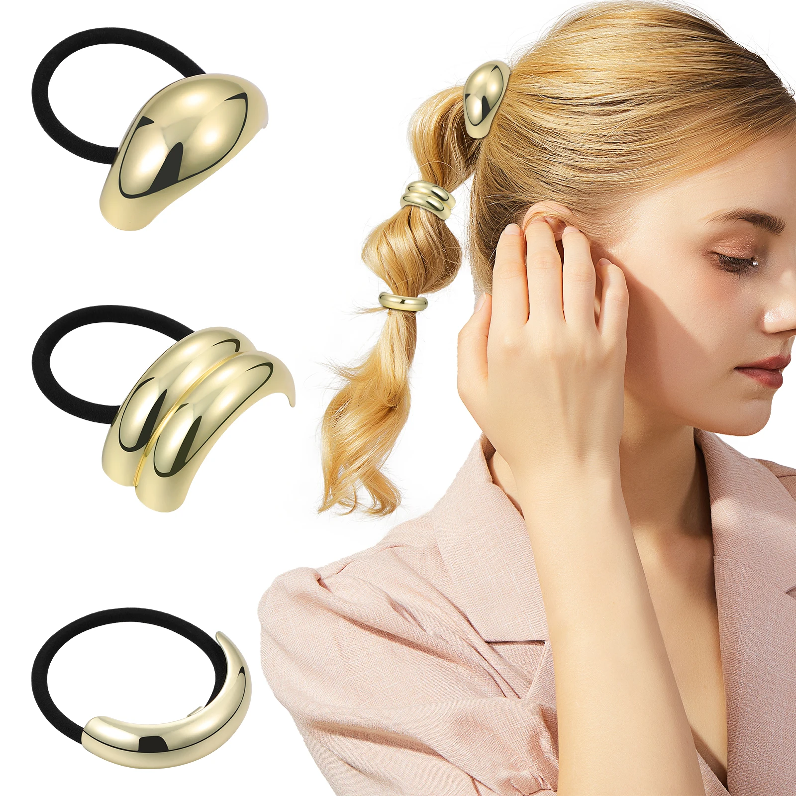 3 pcs Geometric Elastic Hair Cuff Ponytail Holder Hair Ties Metal Hair Rope Tie Bands for Women Girls Hair Accessories