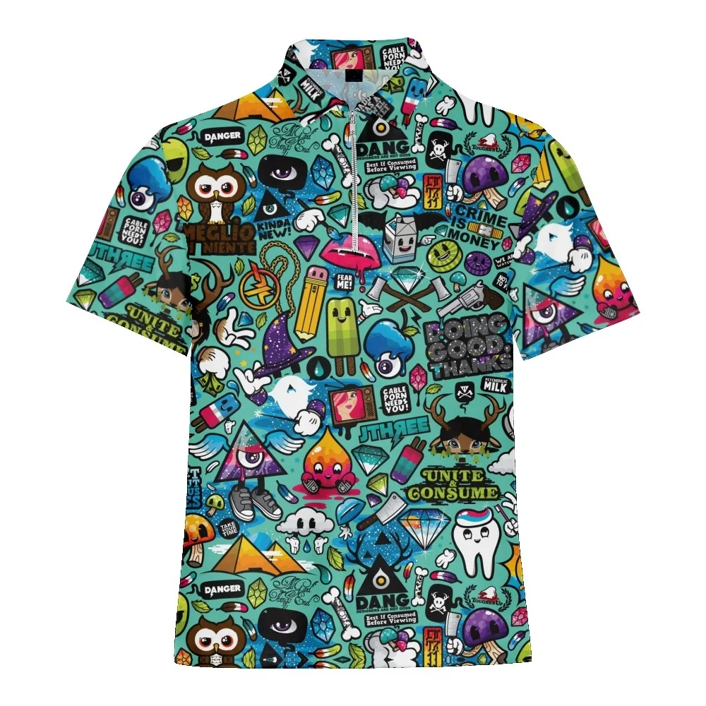 Cartoon Monster Graffiti Printed Summer Men\'s Zipper Collar Polo Shirts Casual Oversized Short Sleeve Fashion Tops Men Clothing