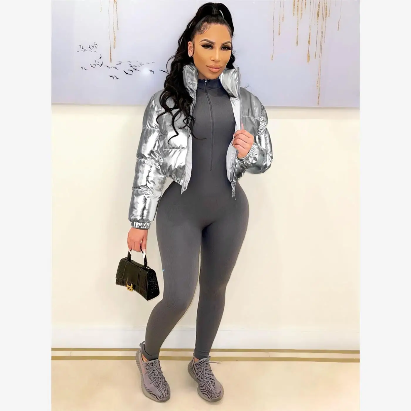 

Women's Velvet Coat with Turn down Collar And Zippers Winter Faionable Cotton Jaet for Ladies