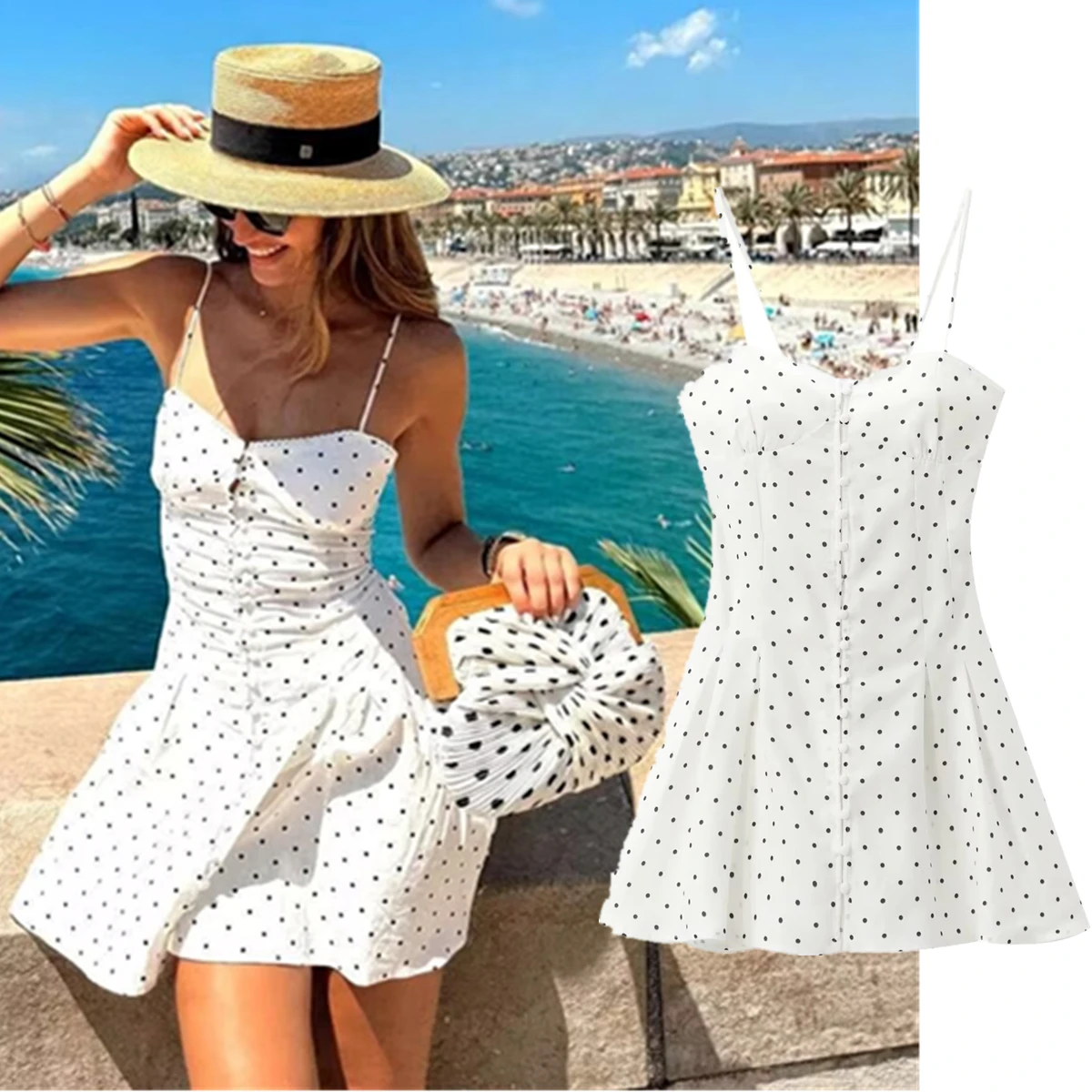 

Maxdutti Bandage Sexy Beach Dress Girls Vestidos Retro Polka Dot Strapless Mini French Dress Women