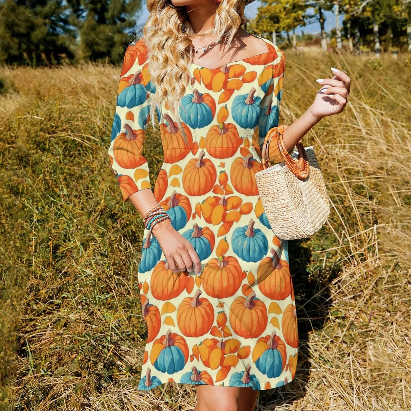 Intricate Pumpkins Dress Summer Sexy Blue And Orange Cute Dresses Woman Aesthetic Oversized Casual Dress Birthday Present