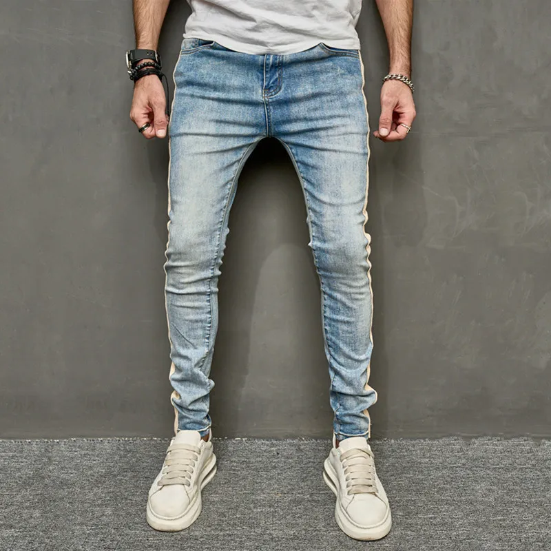 Jeans stretch monocromático masculino, calça jeans, patchwork, pés finos, calça de comprimento total, 2023