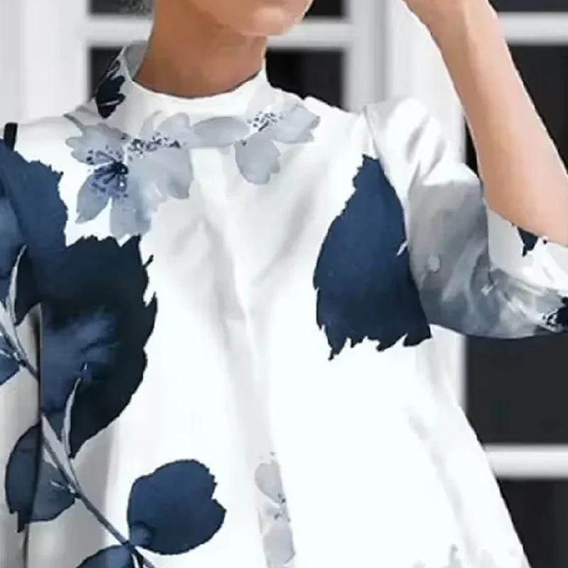 Summer Casual T-shirt for Women Floral Printed Stand Collar Three-quarter Sleeves Loose Fit Shirt Tops Casual Blouses