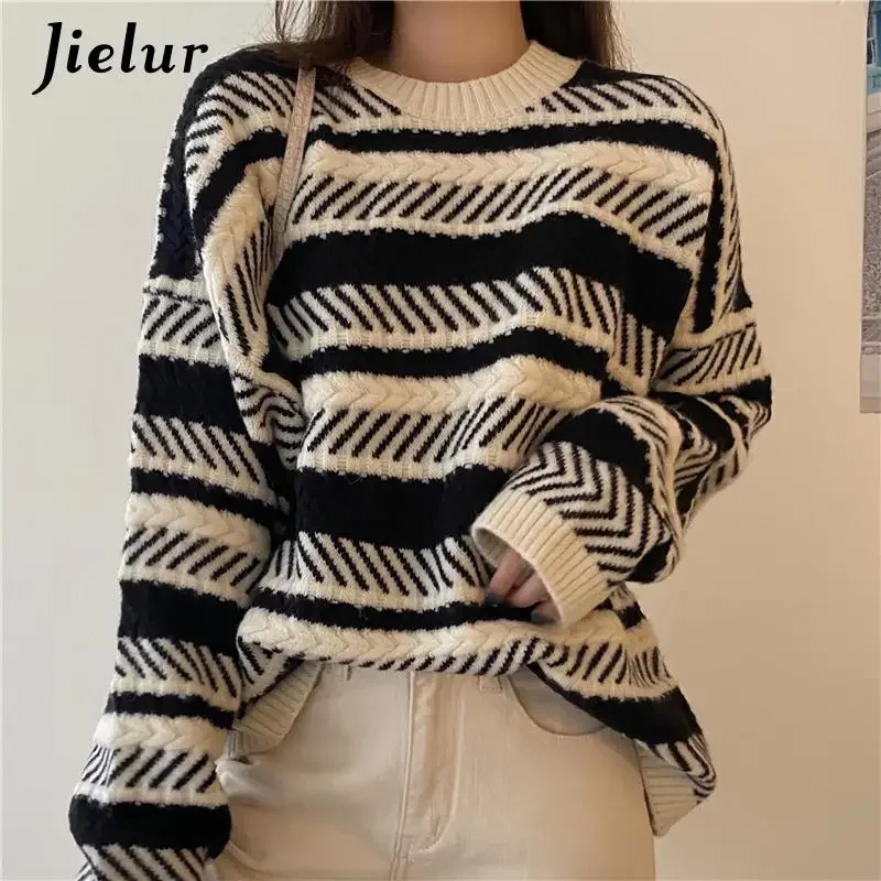 Jielur Autumn New Korean Fashion Spell Color Red Black Stripe Sweater Women Loose Knit Winter Sweaters for Women Hot Sale