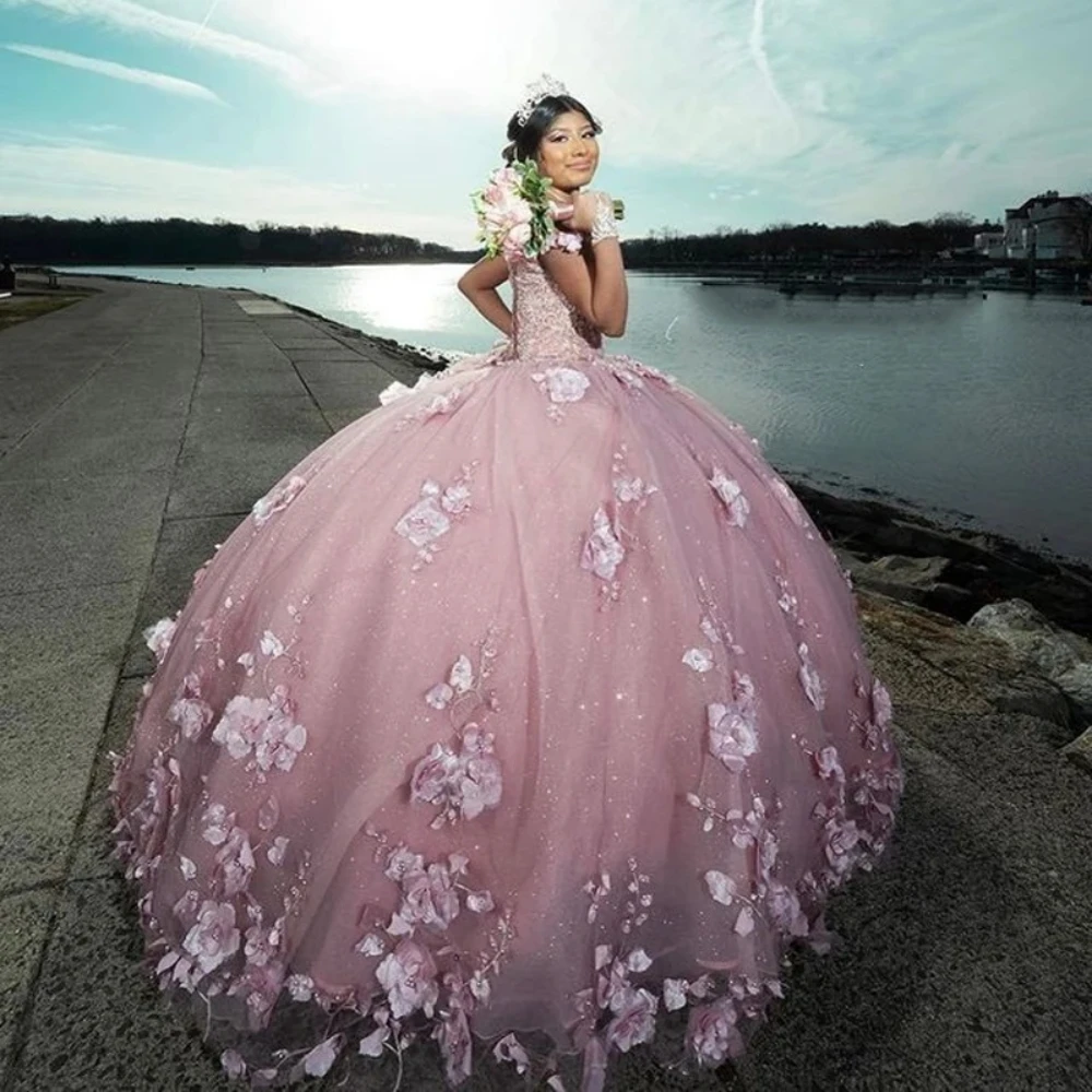 Roze Van De Schouder Quinceanrra Prom Jurken Charmant 3d Bloem Prinses Lange Glitter Pailletten Kralen Sweet 16 Jurk Vestido