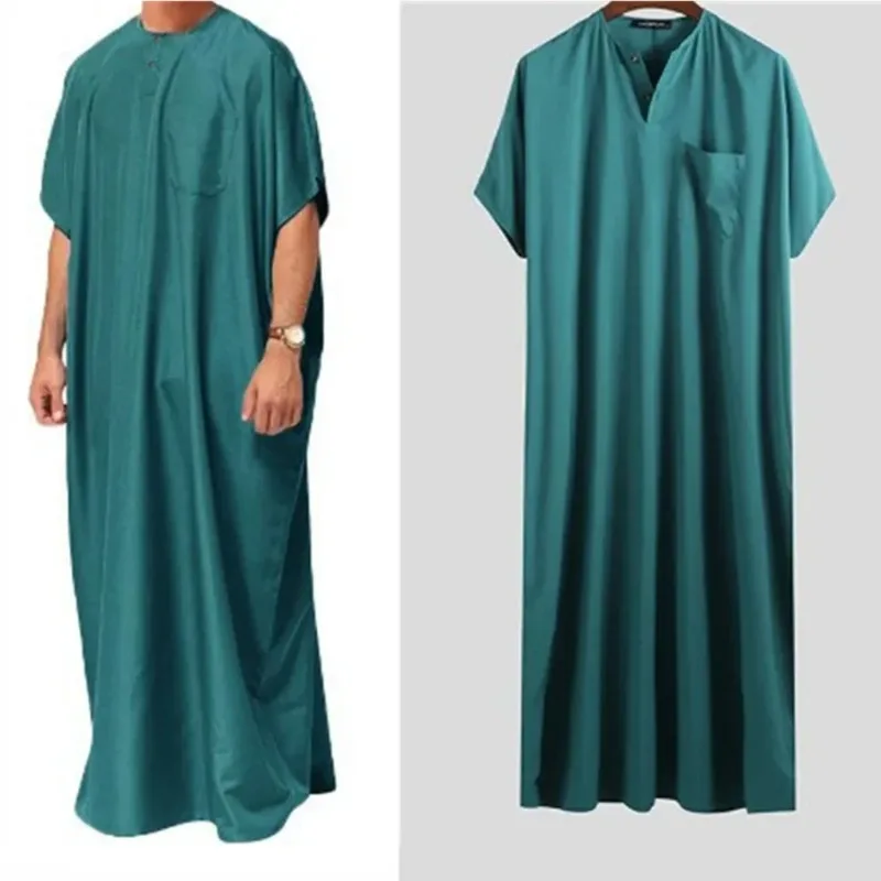 Islamic Arabic Kaftan for Men Vintage Solid Short Sleeve Loose Retro Robe Abaya Dubai Middle East Muslim Dress Men\'s Clothing