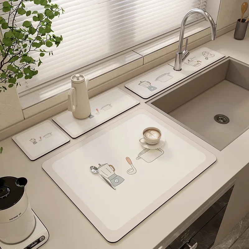 Simple Kitchen Drain Mat Quick-Drying, Absorbent Countertop Mat with Non-Slip Base Oil Stain Resistant Fits Sink Multi-Scene Use