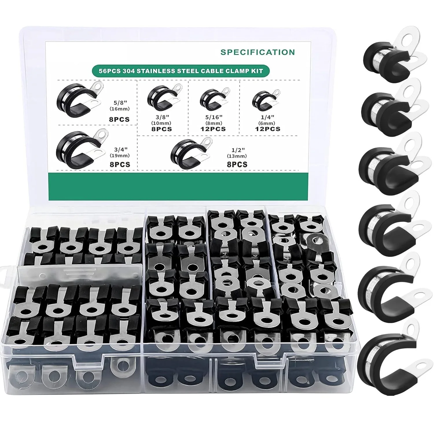 68PCS Cable Clamp Assortment Kit 7 Sizes Stainless Steel Rubber Coated Cushion Insulated Clips