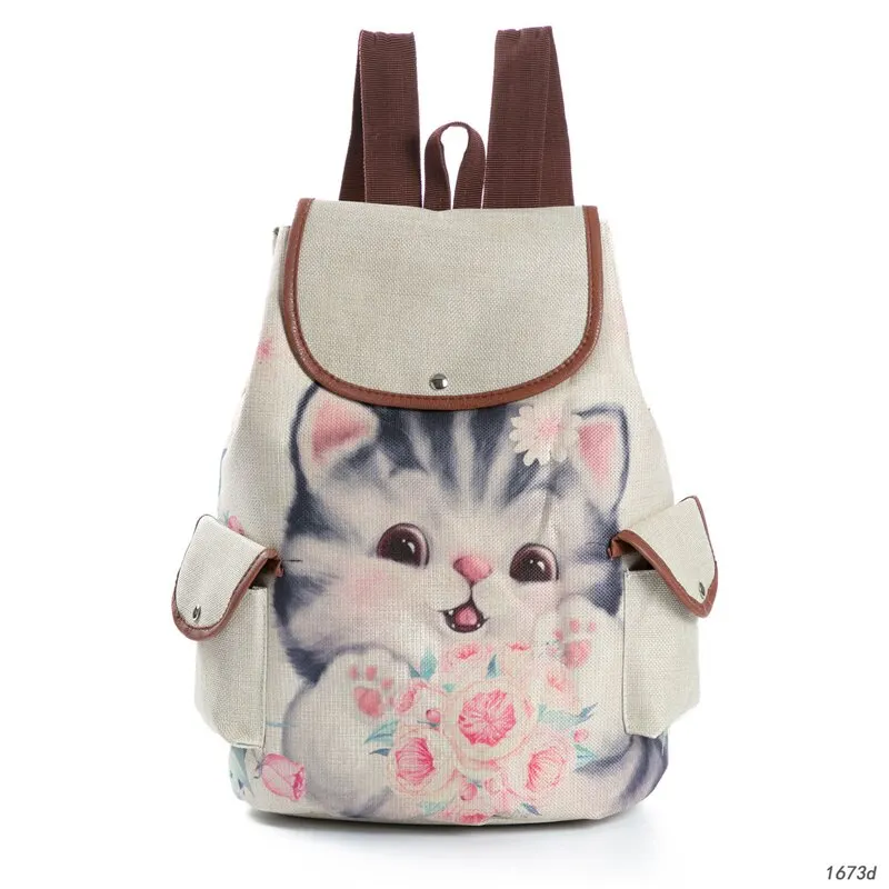 Creative Backpack Cartoon Cute Cat Print Schoolbag Large Capacity Cute Linen Women Shoulder Bag Backpacks For Girls School Child