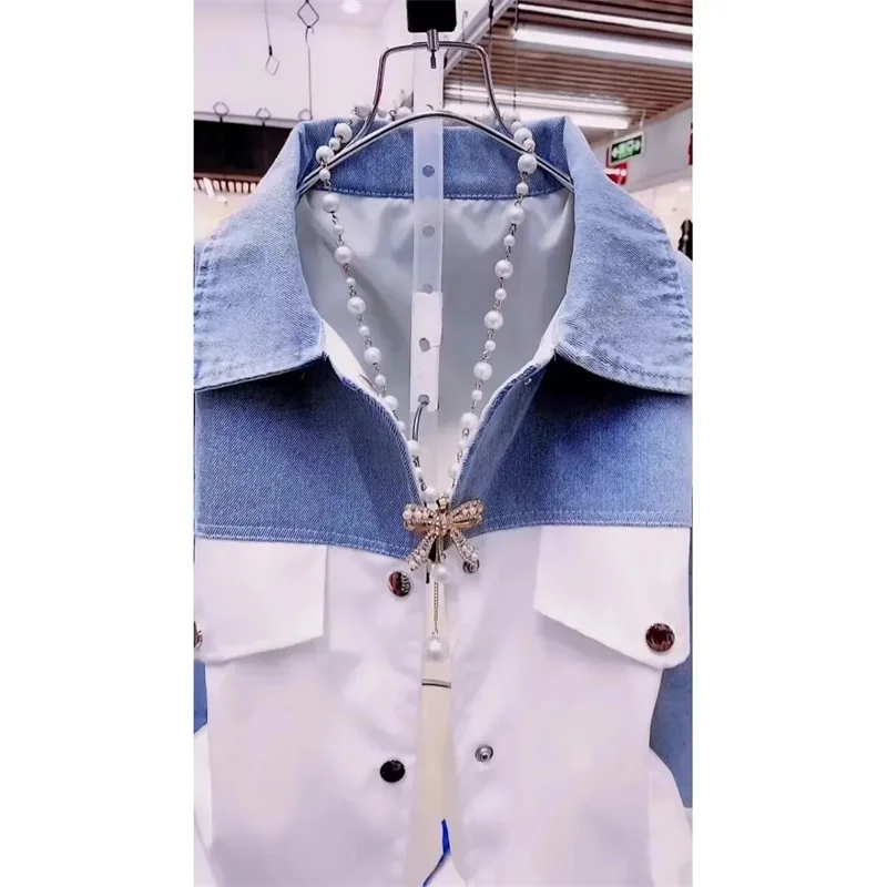 Autumn Spliced Denim Jacket Women Fashion Loose Contrast Casual Jeans Coat 2024 New Female Cowboy Overcoat Ladies Cardigan Tops