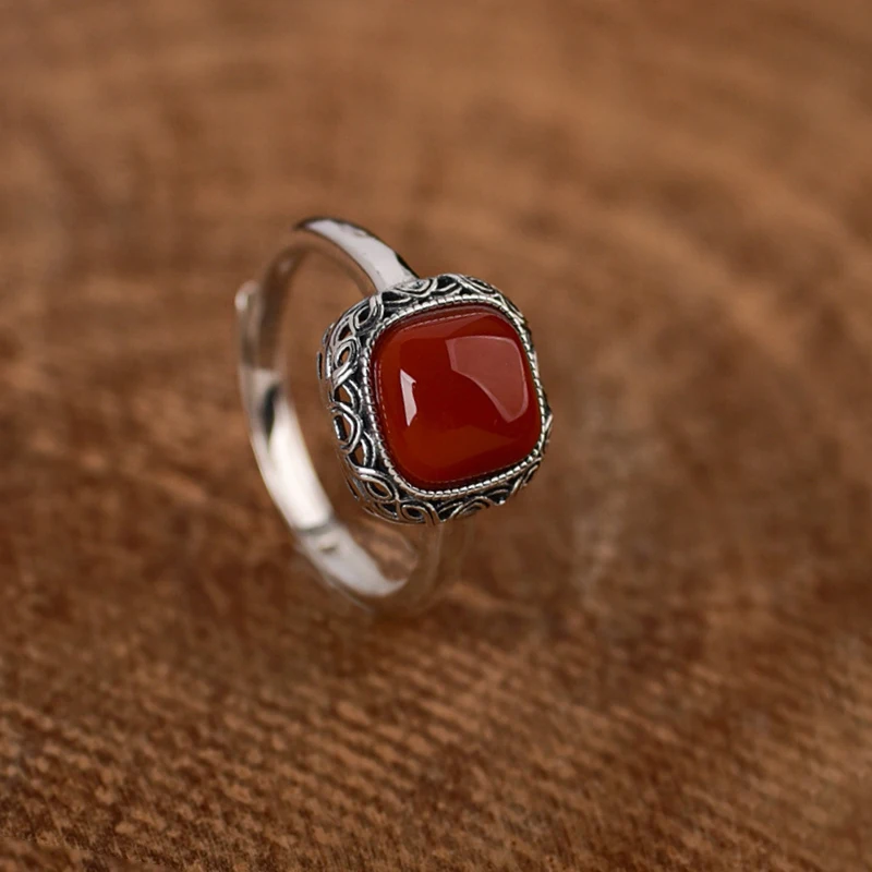 Simple Retro square green ring South Red Tourmaline rings for women silver 925 Hollow out Adjustable Charms Jewelry Gift