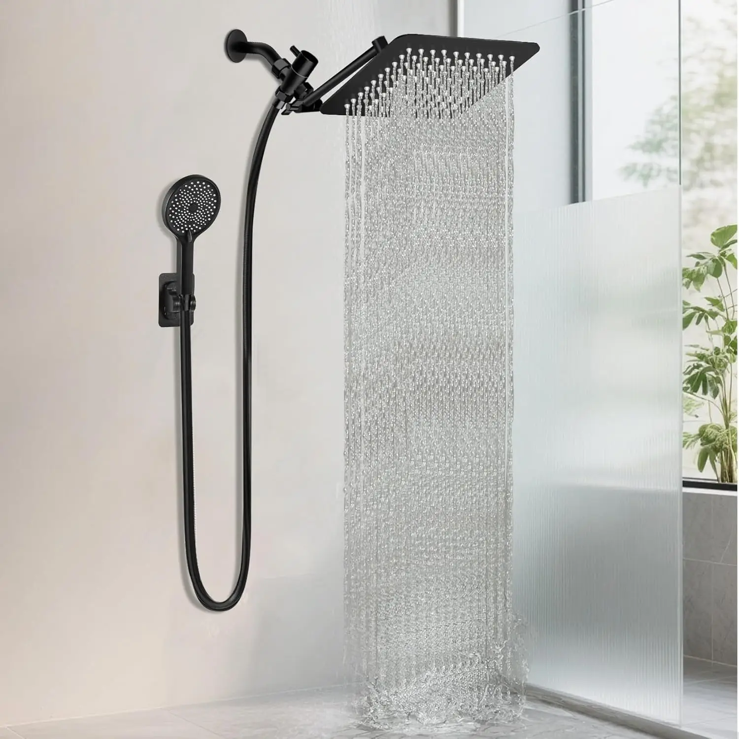 

12-дюймовая душевая лейка с регулируемым кронштейном, съемной ручной насадкой и шлангом высокого давления, матовый черный цвет