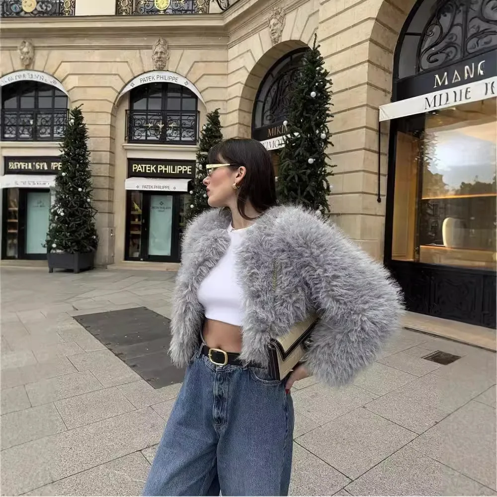 Tan Sheep Hair Light Gray Round Neck French Gray Imitation Fur Short Jacket High-end Loose Warm Thick Winter Coat Women