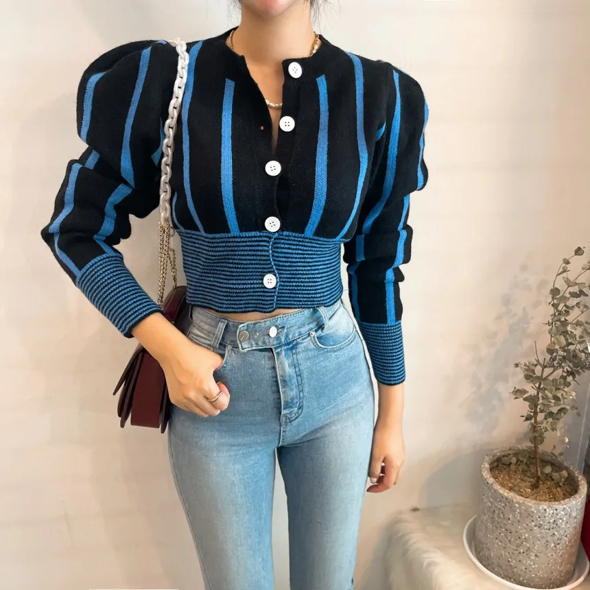 

All Season England Style Puff Sleeve Crop Cardigan Women Fashion Popular Sexy Ladies Slim Knitted Pullovers Female Dropshipping