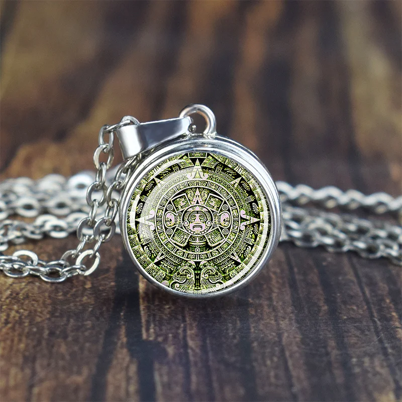 Aztec Calendar Necklace Maya Totem Alloy Button Pendant Necklace Vintage Art Jewelry