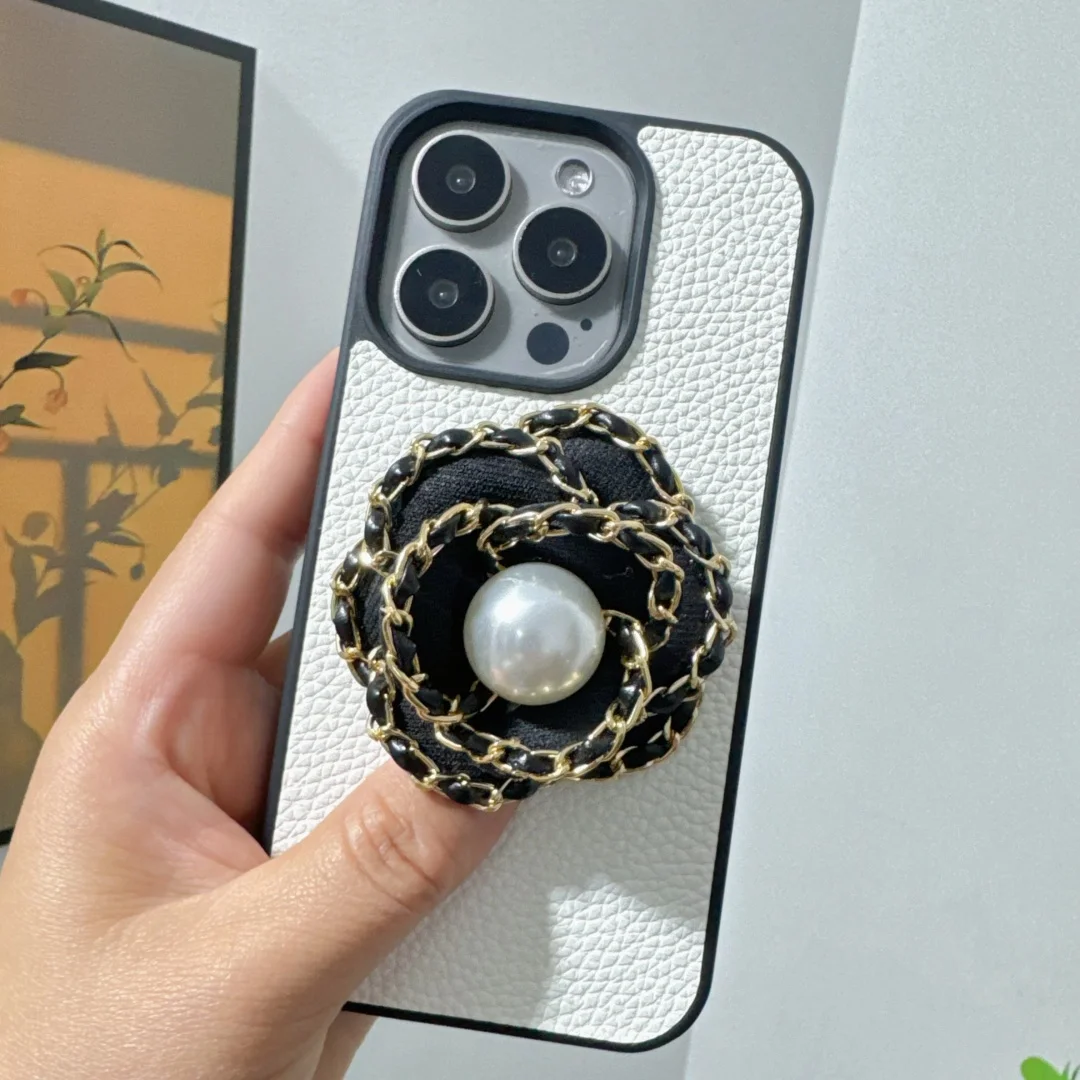 

Luxury 3D Woven chain camellia leather female Case for iPhone 16 15 14 Phone Cover 13 12 11 Pro MAX Hard Shockproof Back Funda