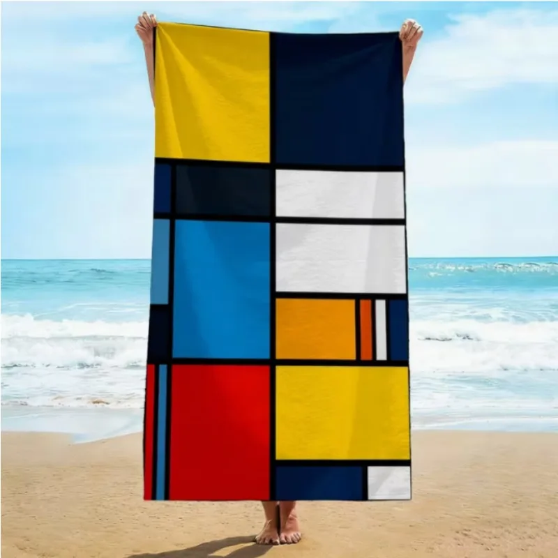 Oversized Microfiber Beach Towel, Mondrian Style Geometric Abstract Print, Quick Dry Sand Resistant