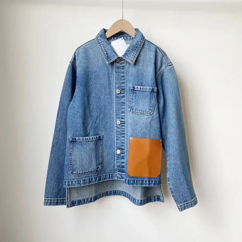 Autumn And Winter Luxury And Versatile Denim Jacket With Leather Logo And Fake Pockets, Hollow Casual Cotton Coat, Blue Top