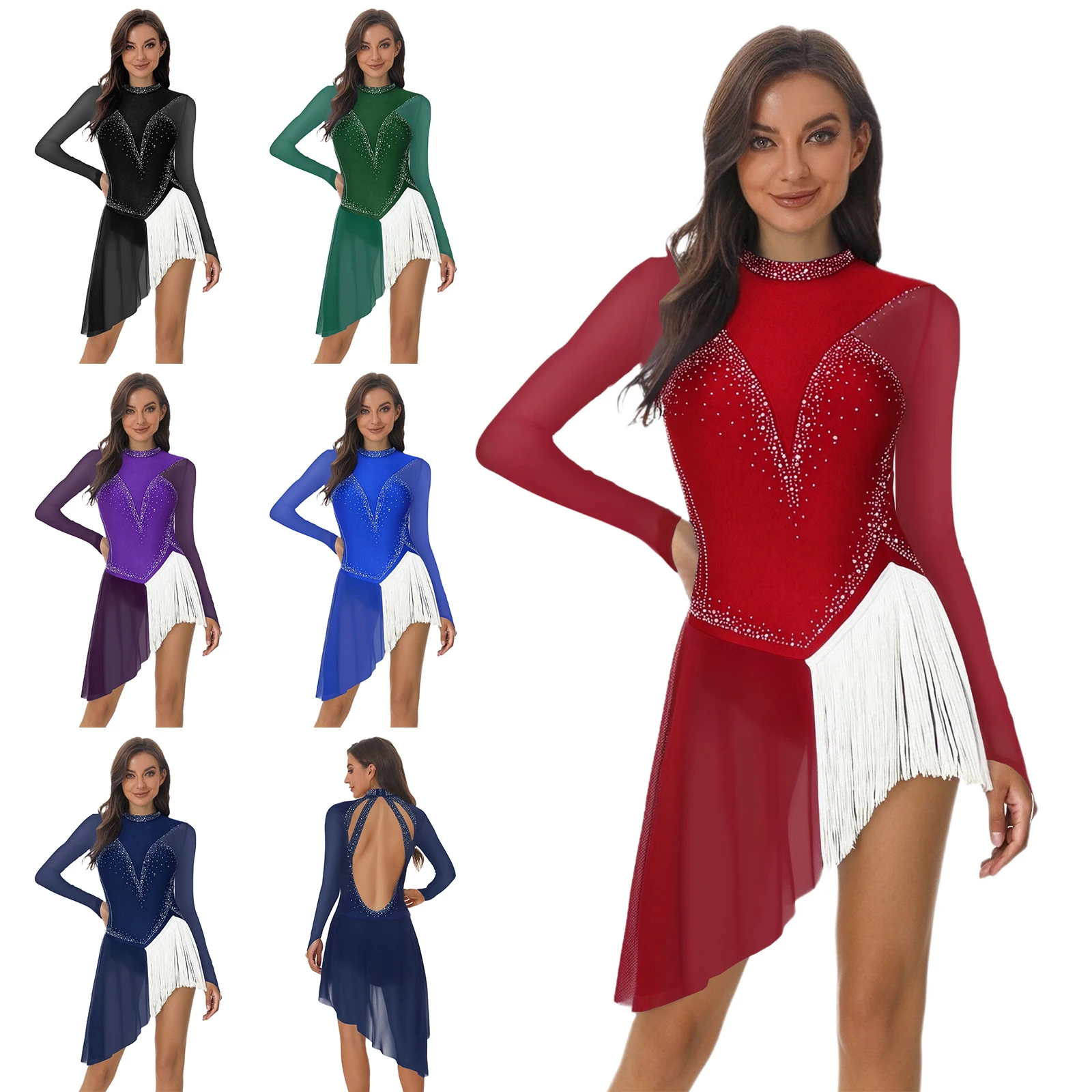 Womens Adult Lyrical Contemporary Dance Dress Sparkly Rhinestone Figure Ice Skating Dress Long Sleeve Fringe Ballerina Costumes